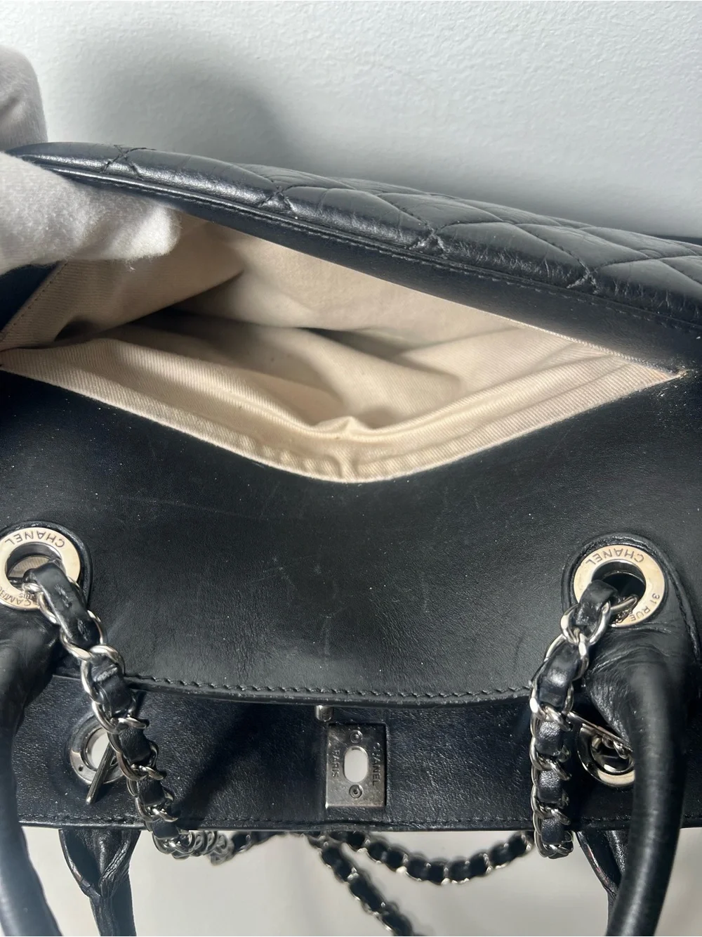 Chanel Be CC Black Aged Calfskin Quilted Dual Handle Tote Shoulder Bag